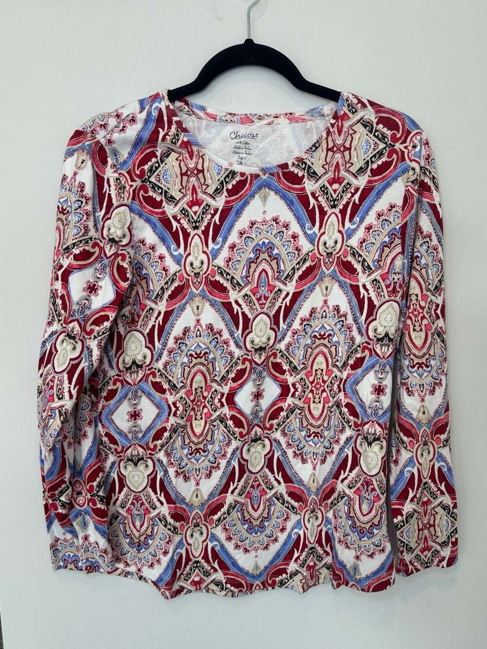 100% Cotton Chico's Paisley Print Long Sleeve Top Size 2X Red White Blue